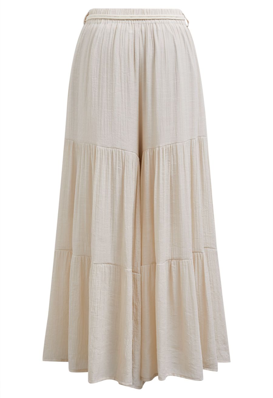 O-Ring Belt Wide Leg Tiered Crop Pants in Oatmeal