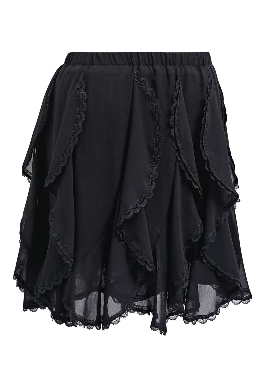 Lace Ruffle Asymmetric Chiffon Mini Skirt in Black