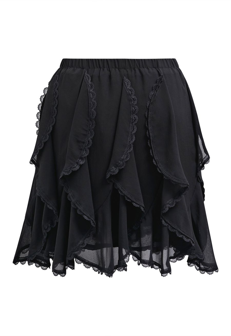 Lace Ruffle Asymmetric Chiffon Mini Skirt in Black
