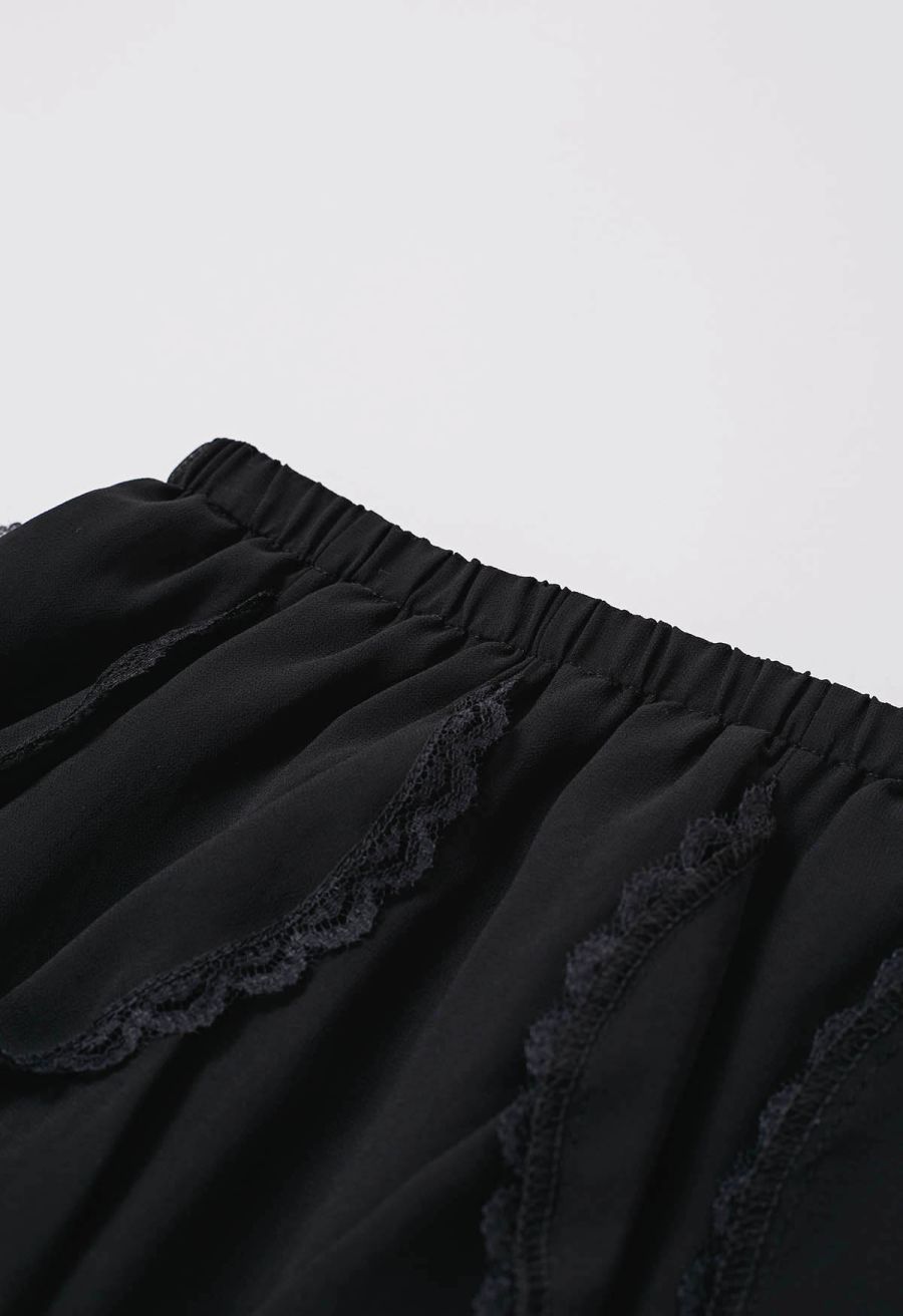 Lace Ruffle Asymmetric Chiffon Mini Skirt in Black