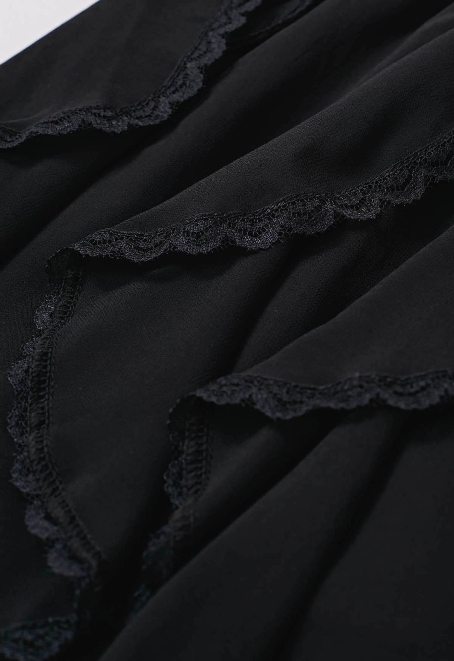 Lace Ruffle Asymmetric Chiffon Mini Skirt in Black