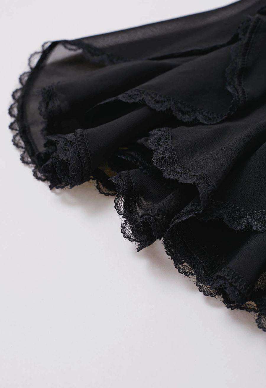 Lace Ruffle Asymmetric Chiffon Mini Skirt in Black