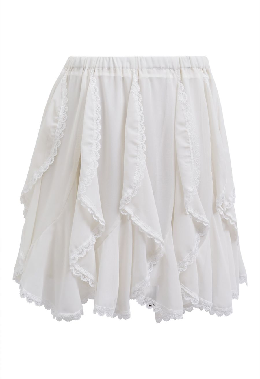 Lace Ruffle Asymmetric Chiffon Mini Skirt in Ivory