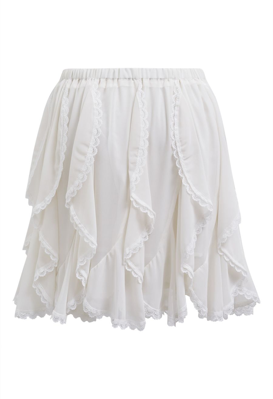 Lace Ruffle Asymmetric Chiffon Mini Skirt in Ivory