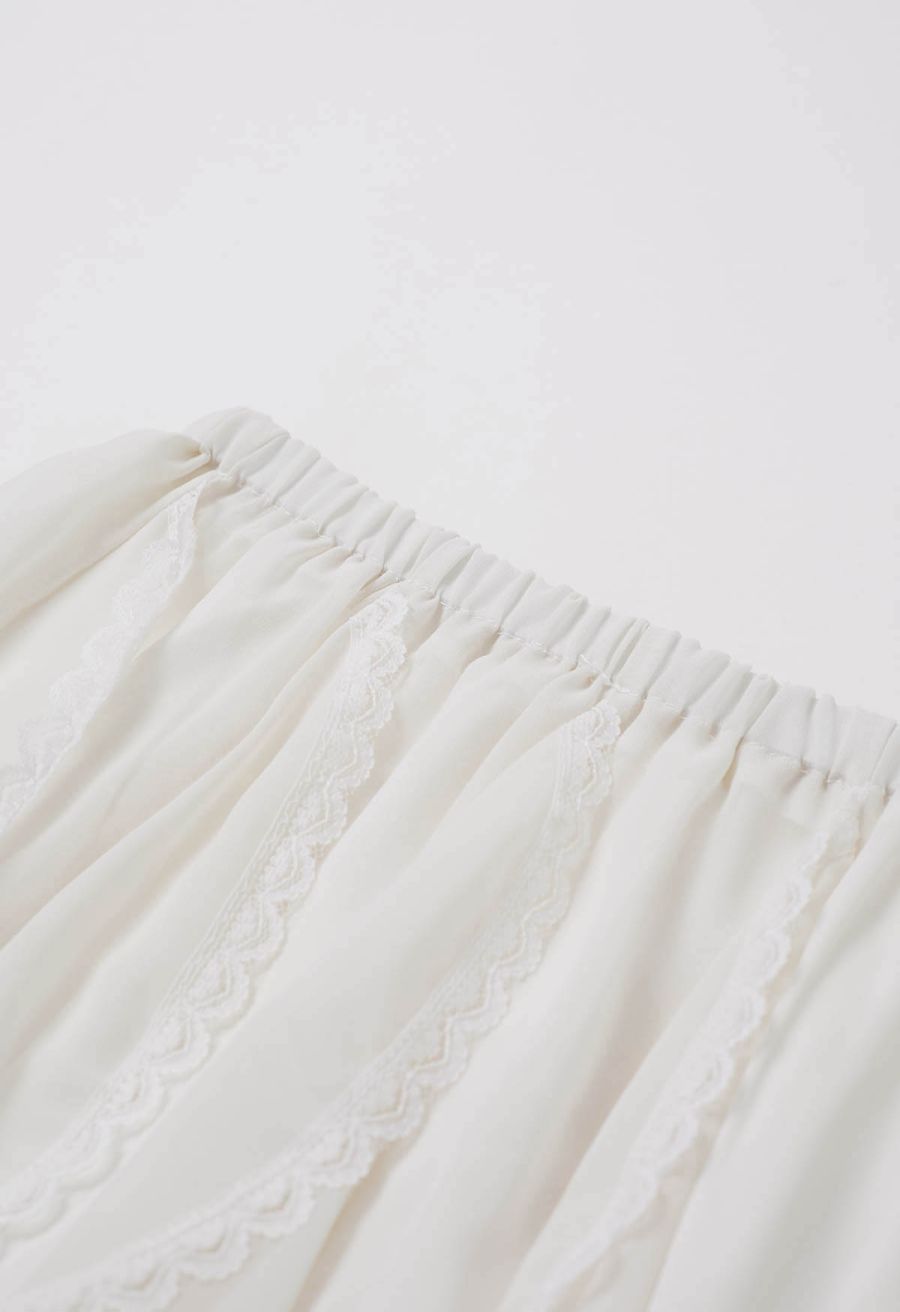 Lace Ruffle Asymmetric Chiffon Mini Skirt in Ivory