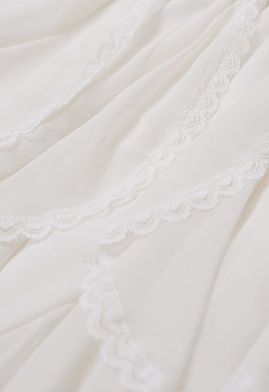 Lace Ruffle Asymmetric Chiffon Mini Skirt in Ivory