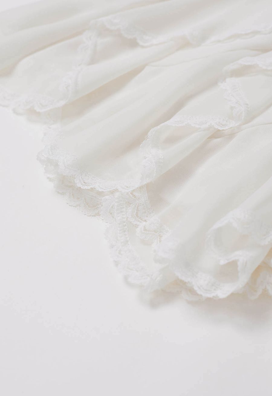 Lace Ruffle Asymmetric Chiffon Mini Skirt in Ivory