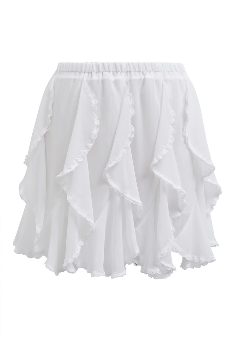 Lace Ruffle Asymmetric Chiffon Mini Skirt in White
