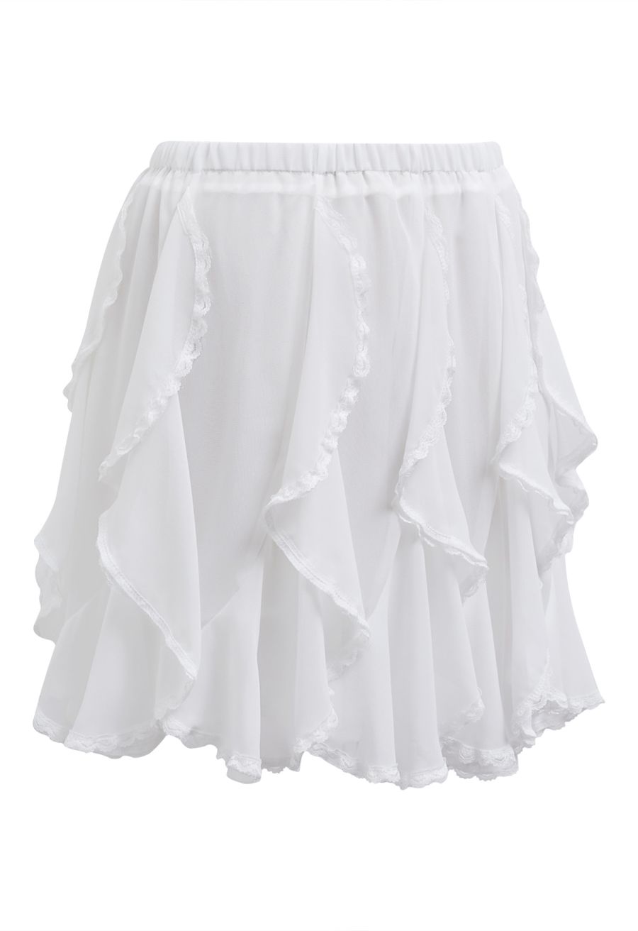 Lace Ruffle Asymmetric Chiffon Mini Skirt in White