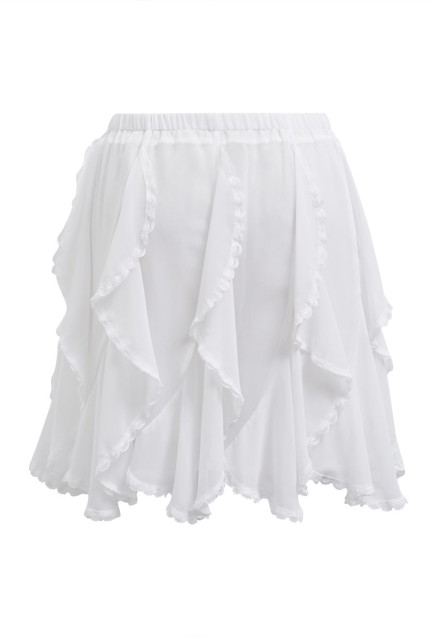Lace Ruffle Asymmetric Chiffon Mini Skirt in White
