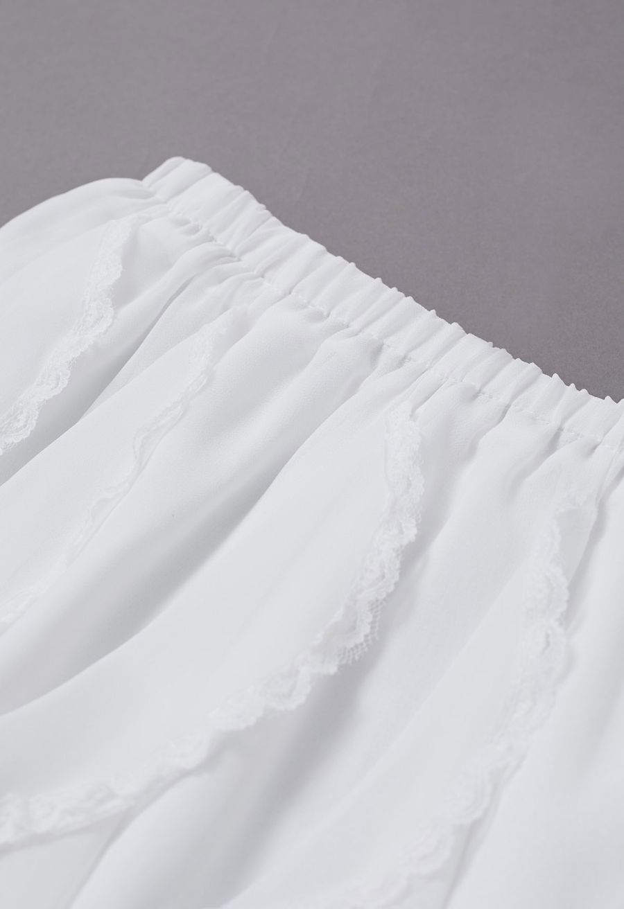 Lace Ruffle Asymmetric Chiffon Mini Skirt in White