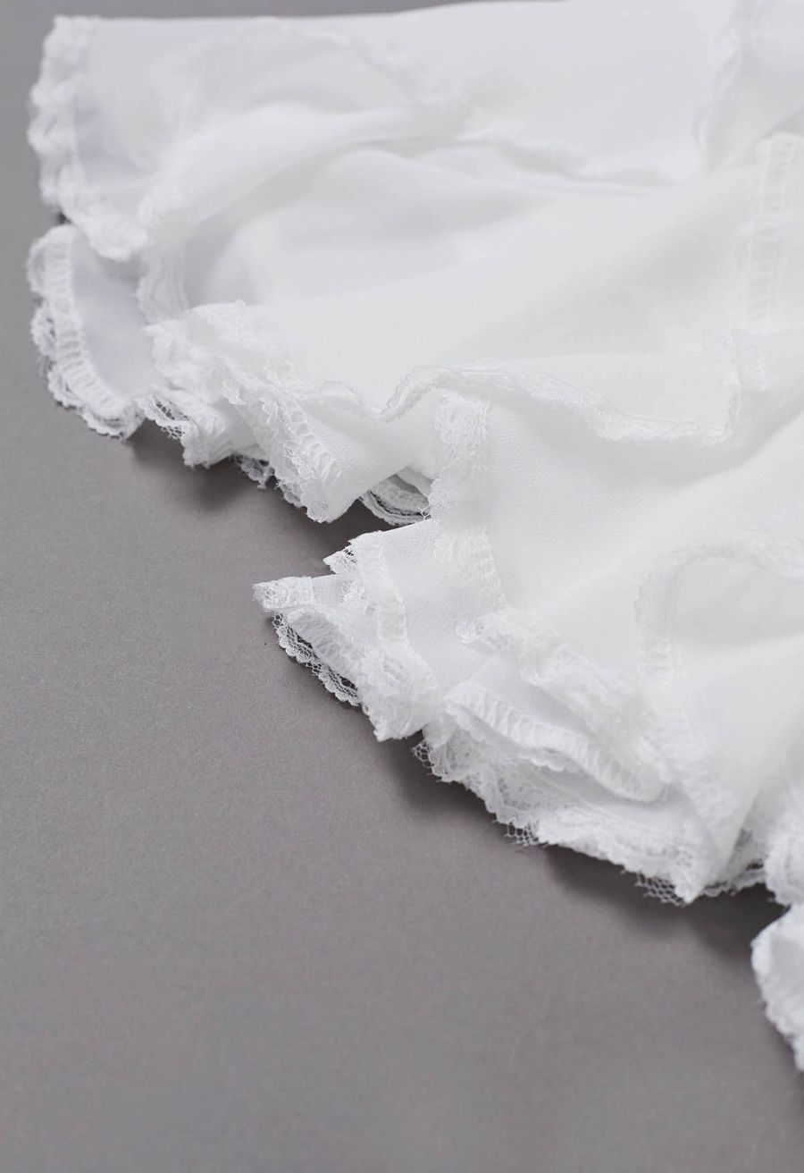 Lace Ruffle Asymmetric Chiffon Mini Skirt in White