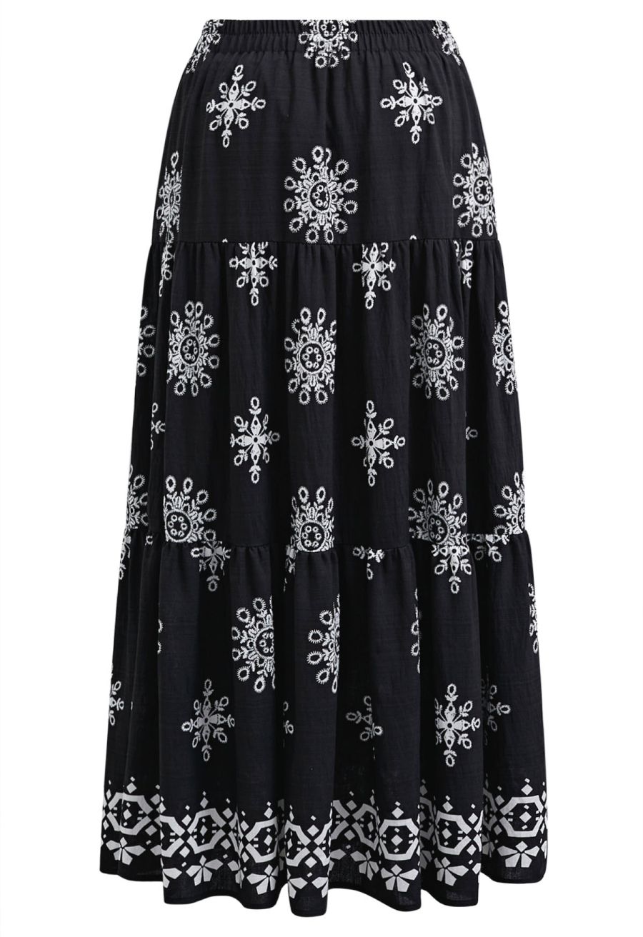 Boho Tile Motif Tiered Midi Skirt in Black
