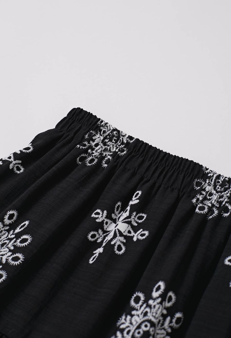 Boho Tile Motif Tiered Midi Skirt in Black
