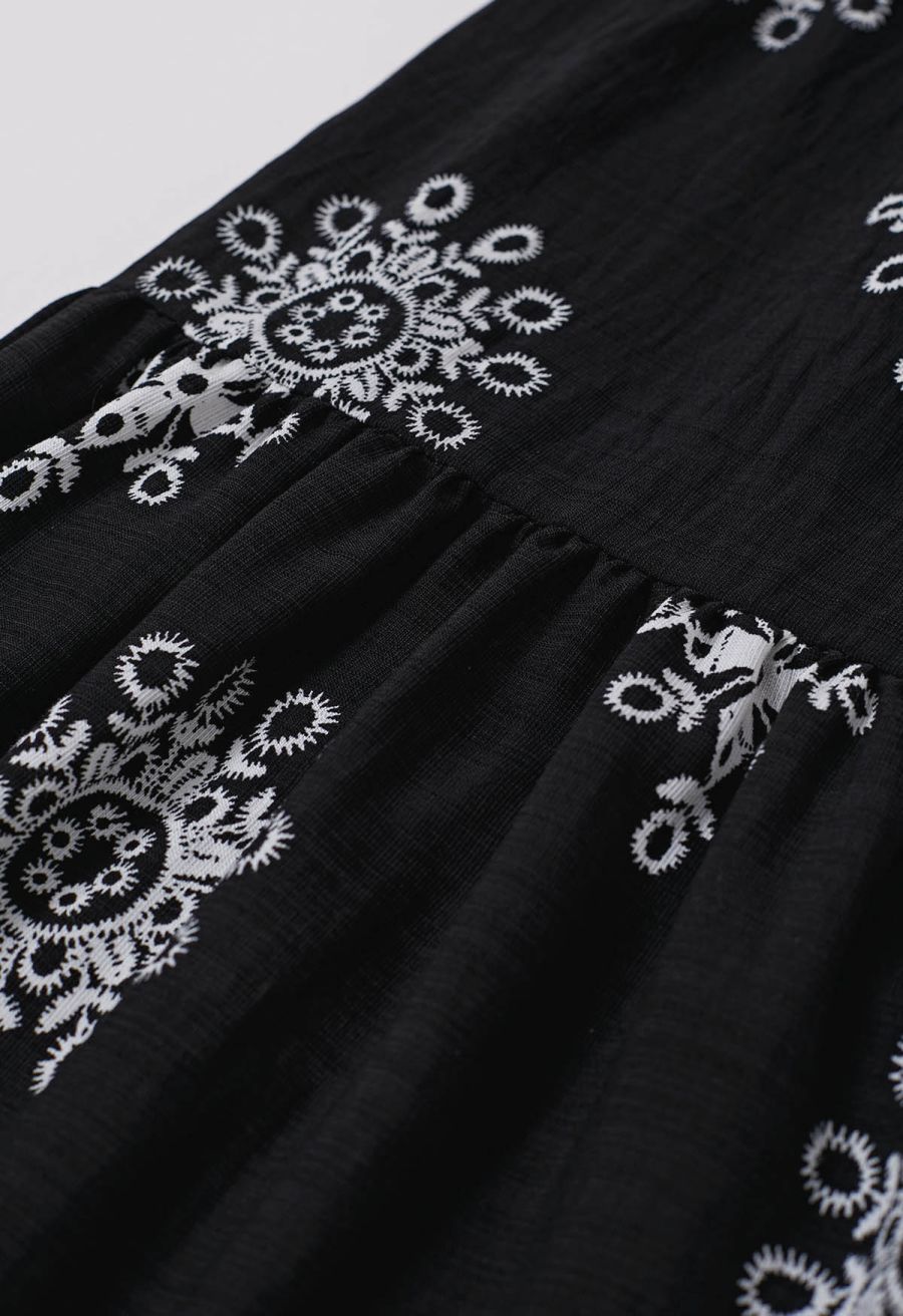 Boho Tile Motif Tiered Midi Skirt in Black