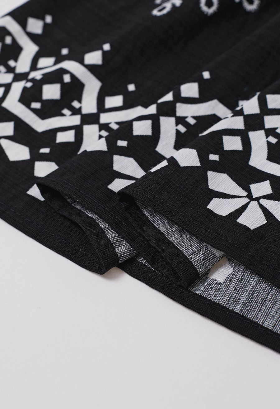 Boho Tile Motif Tiered Midi Skirt in Black