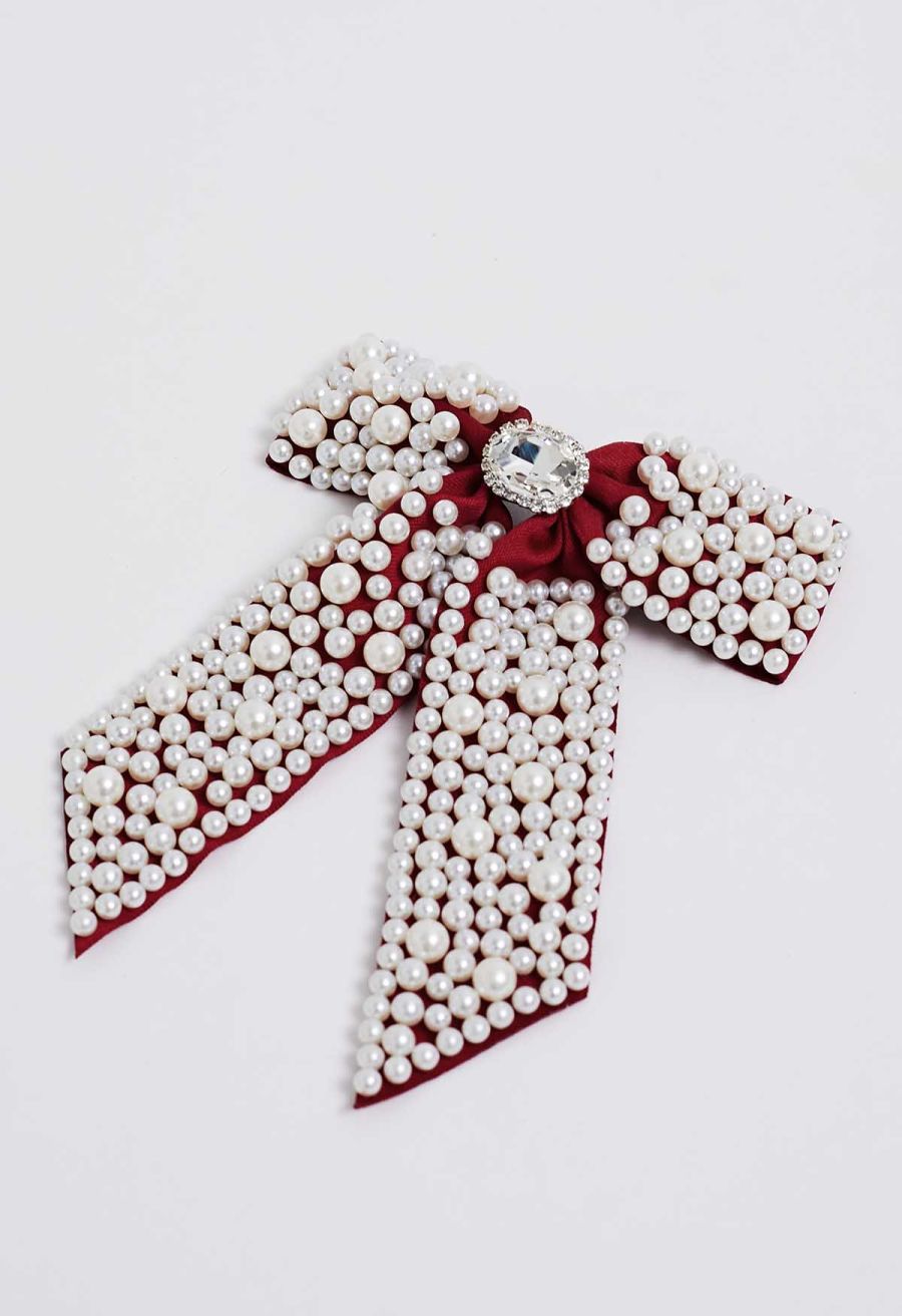 Faux-Pearl Bow Hair Clip in Red