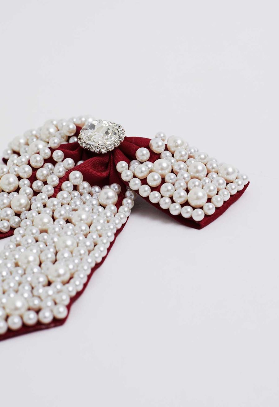 Faux-Pearl Bow Hair Clip in Red