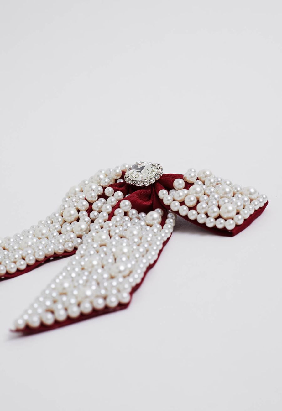Faux-Pearl Bow Hair Clip in Red