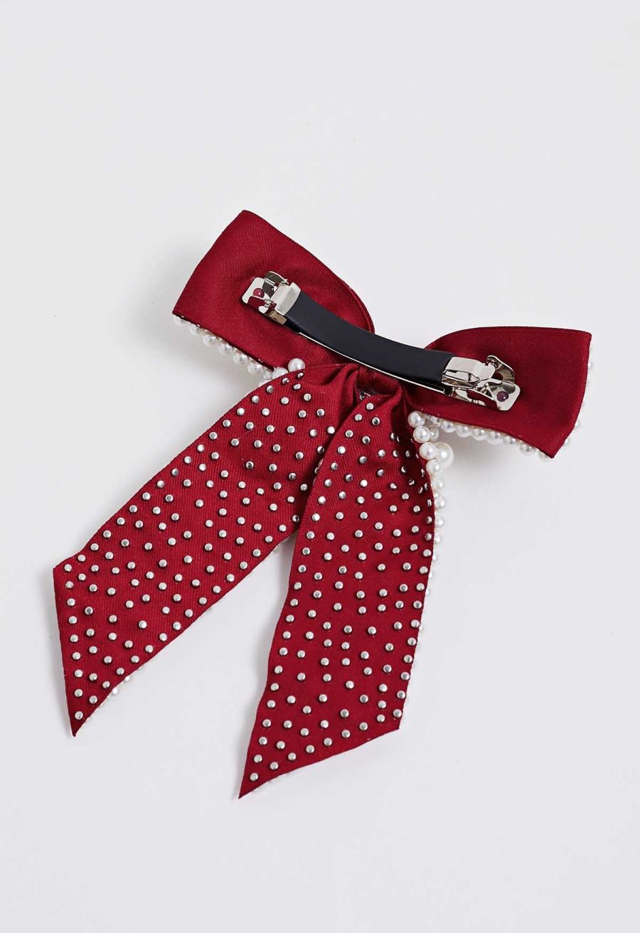 Faux-Pearl Bow Hair Clip in Red