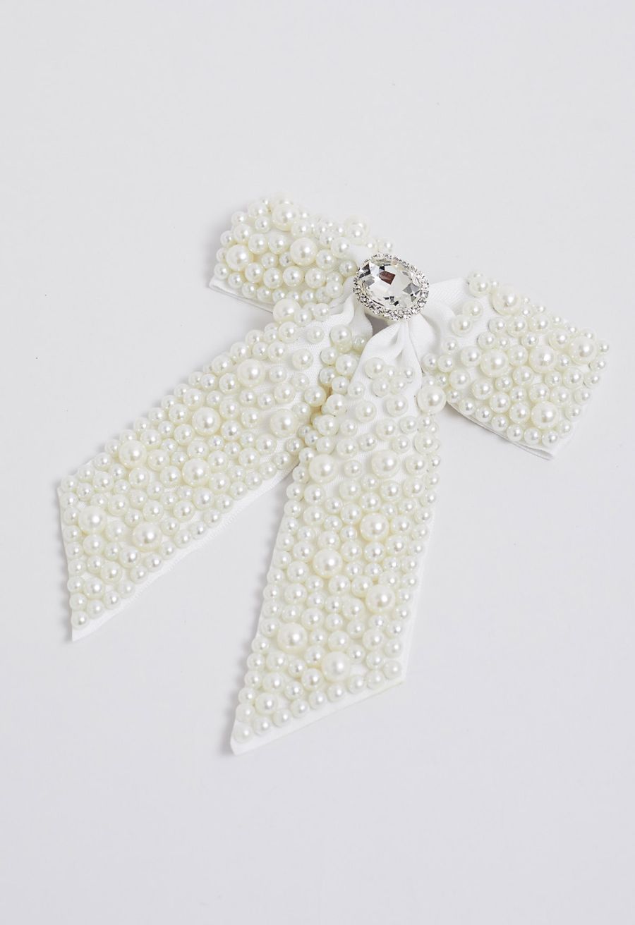 Faux-Pearl Bow Hair Clip in White