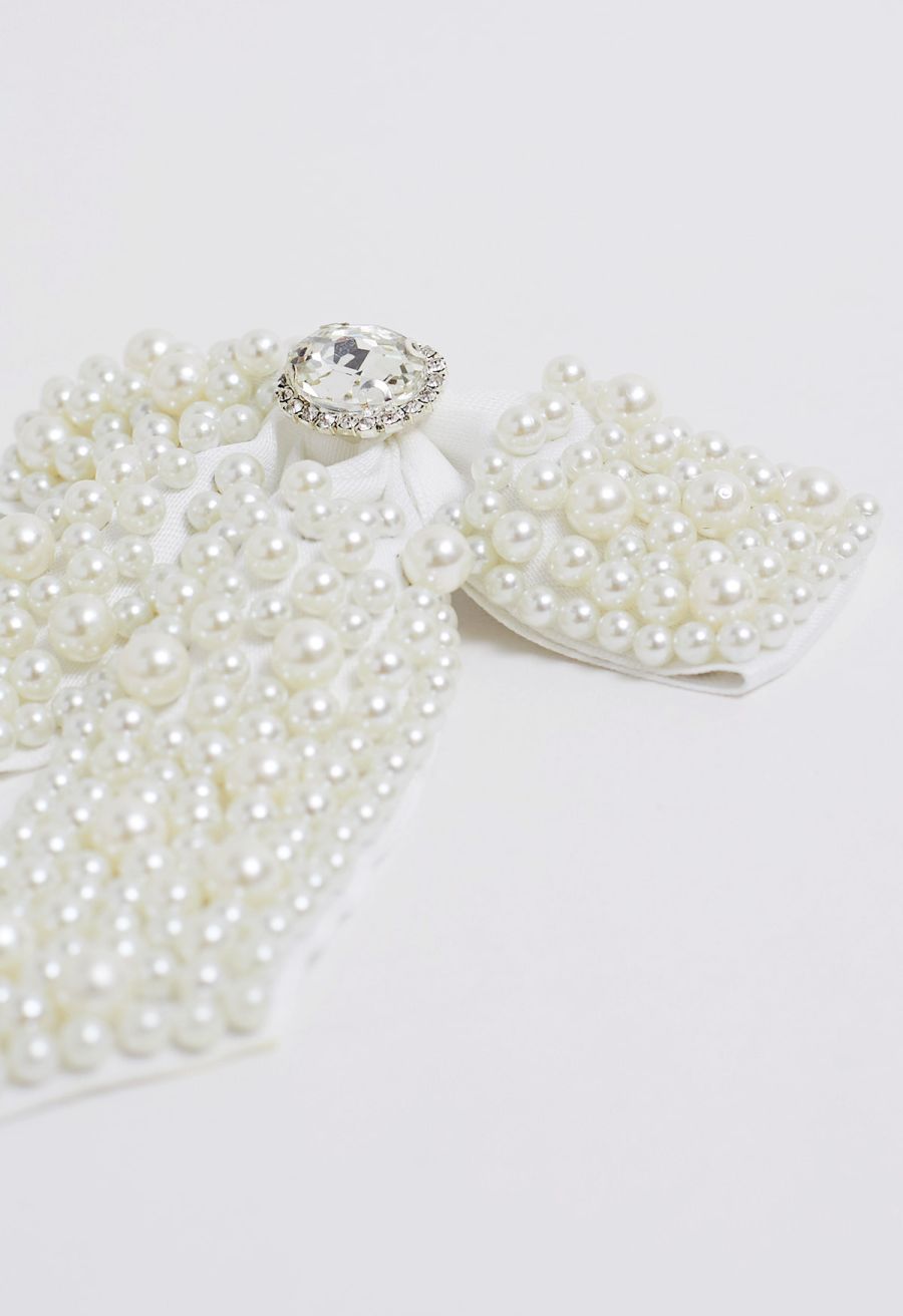 Faux-Pearl Bow Hair Clip in White