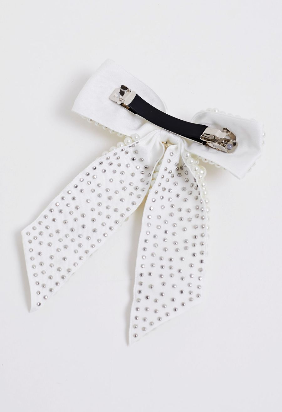 Faux-Pearl Bow Hair Clip in White