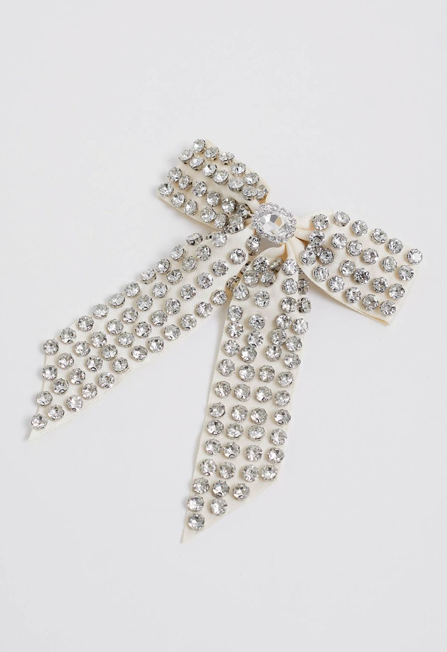 Rhinestone Bow Hair Clip in Cream