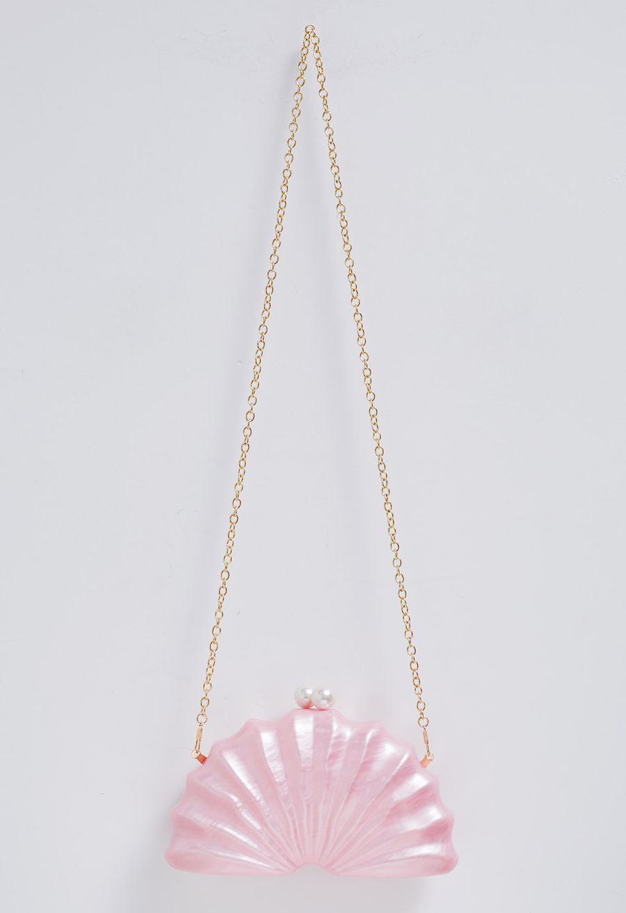 Pearl Clasp Pleated Shell Acrylic Bag in Pink