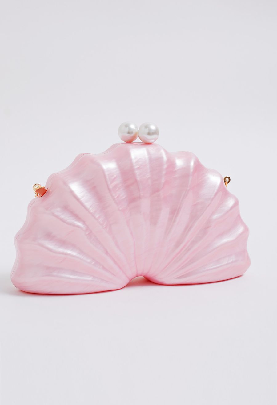 Pearl Clasp Pleated Shell Acrylic Bag in Pink