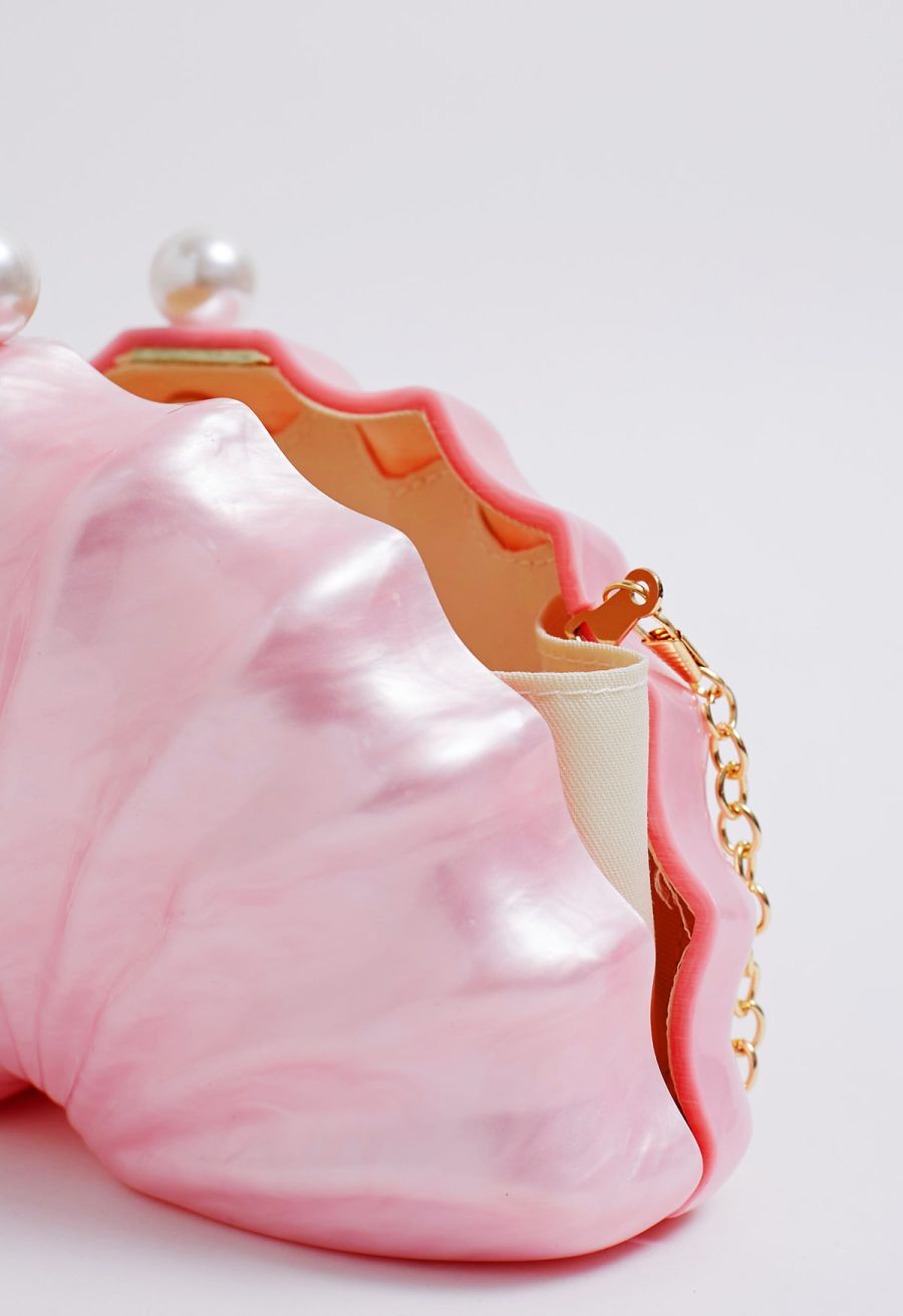 Pearl Clasp Pleated Shell Acrylic Bag in Pink