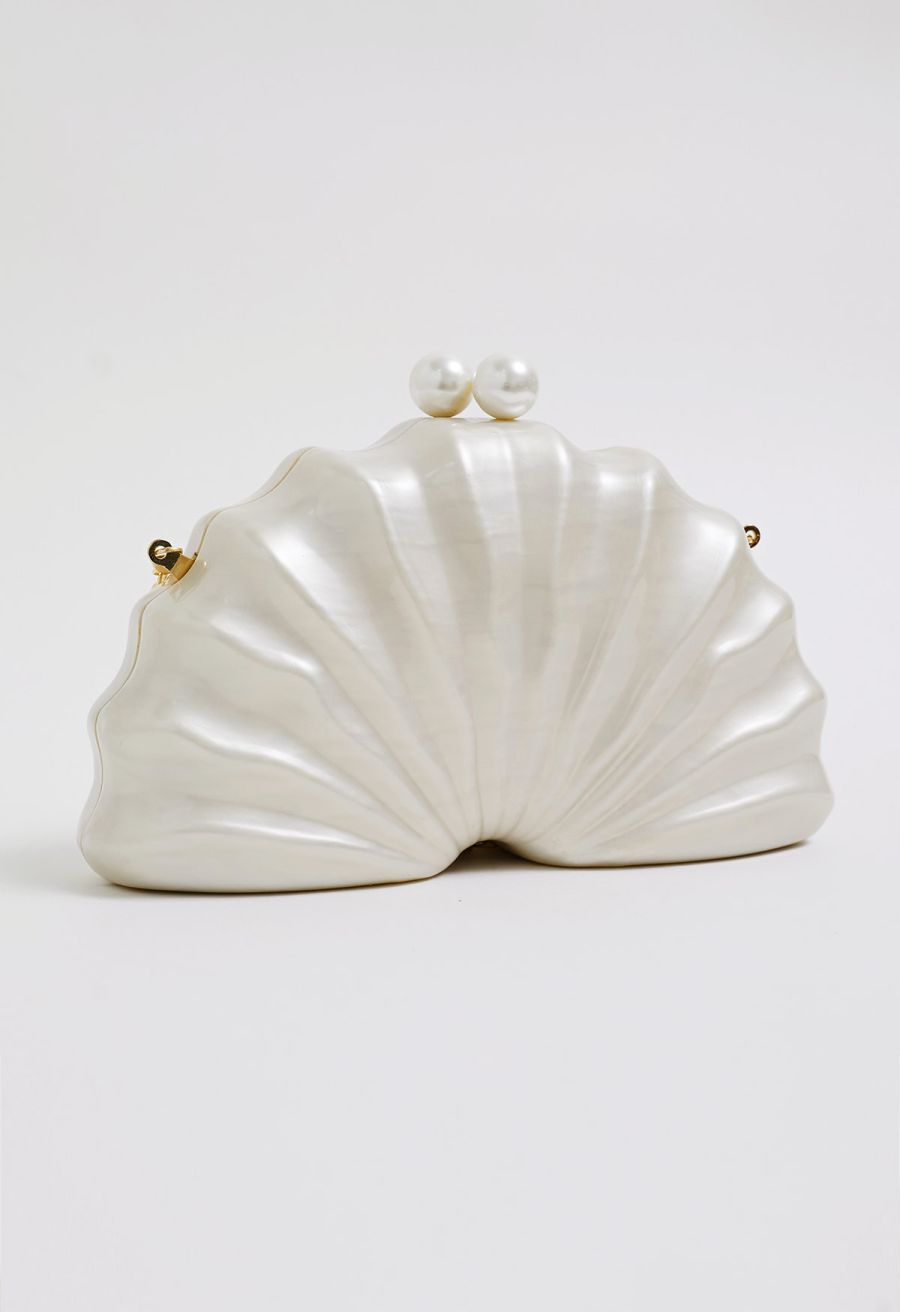 Pearl Clasp Pleated Shell Acrylic Bag in Ivory