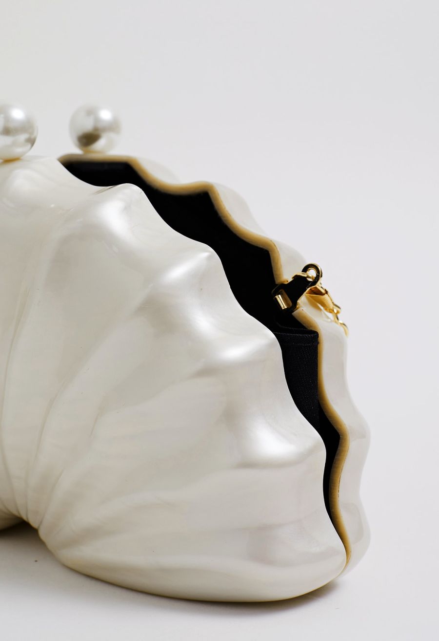 Pearl Clasp Pleated Shell Acrylic Bag in Ivory