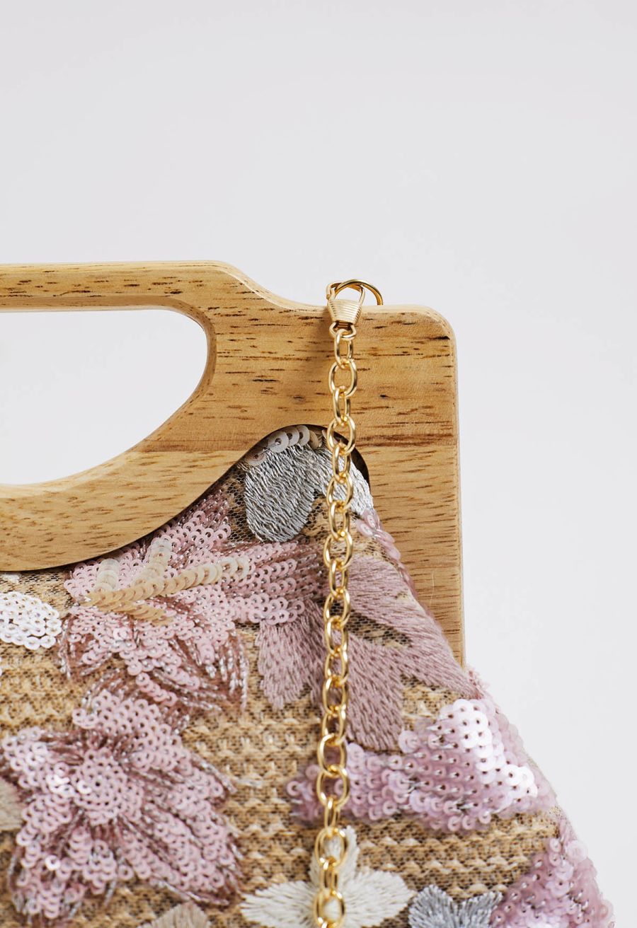 Wooden Handle Sequined Embroidered Floral Handbag