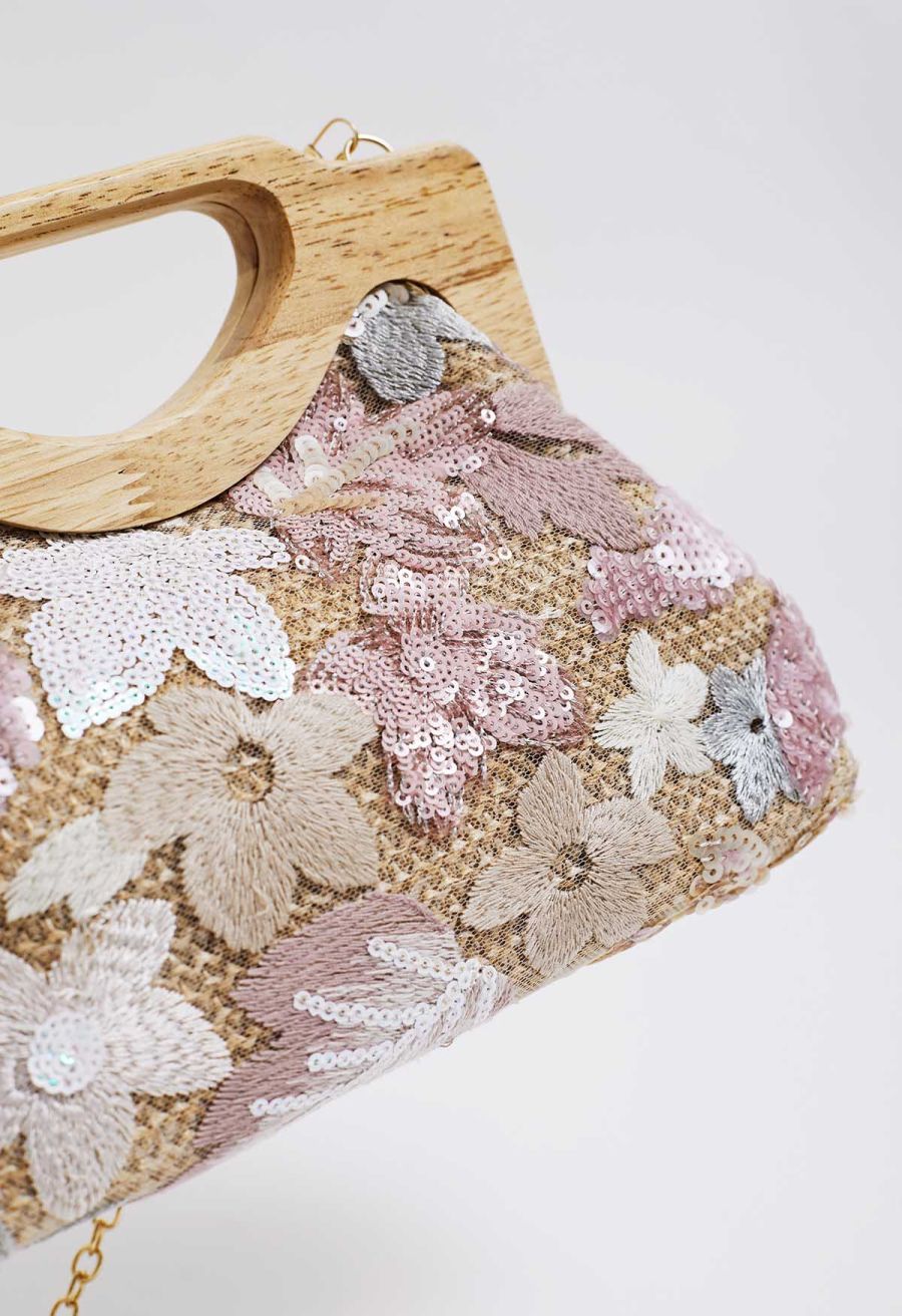 Wooden Handle Sequined Embroidered Floral Handbag
