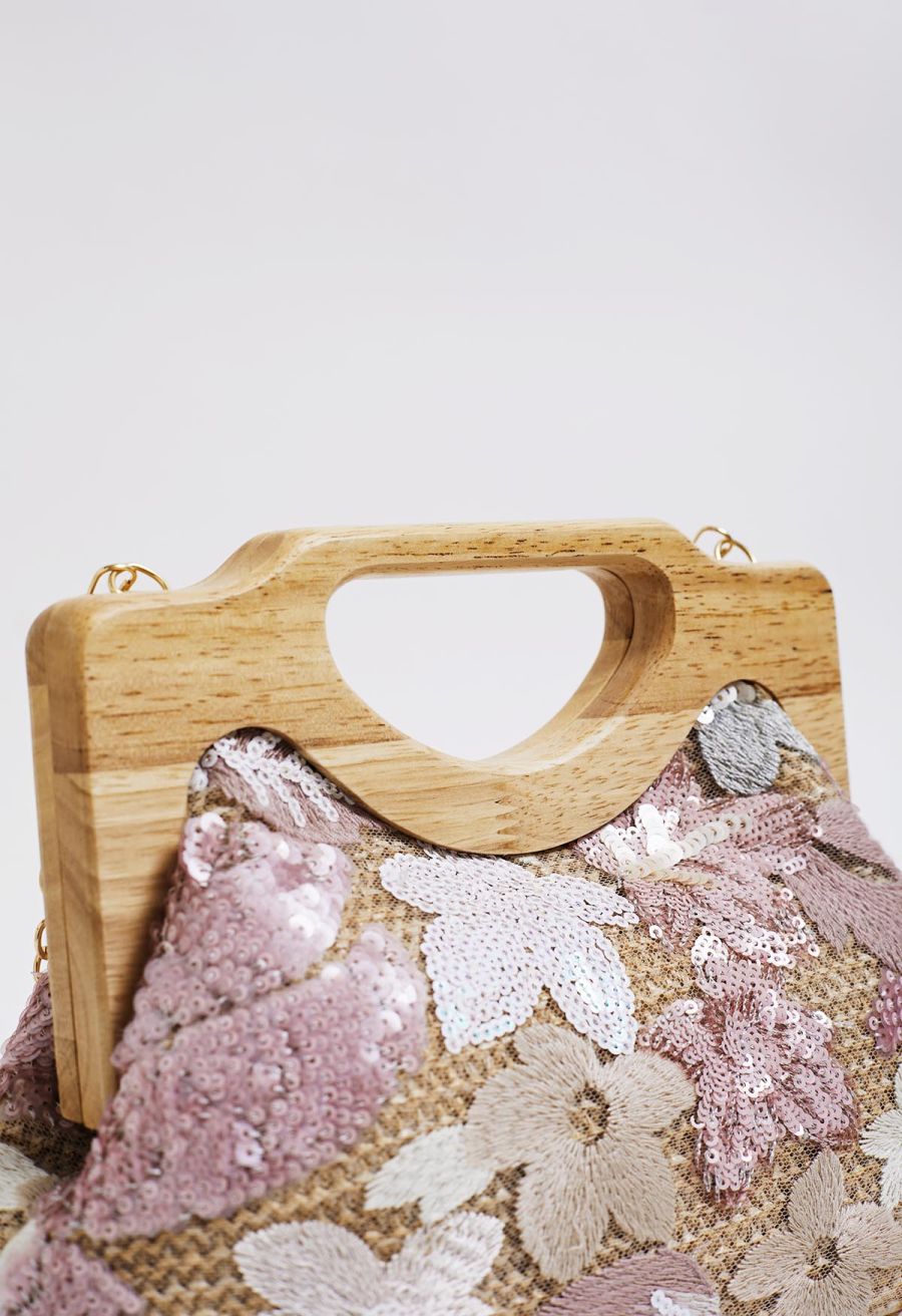 Wooden Handle Sequined Embroidered Floral Handbag