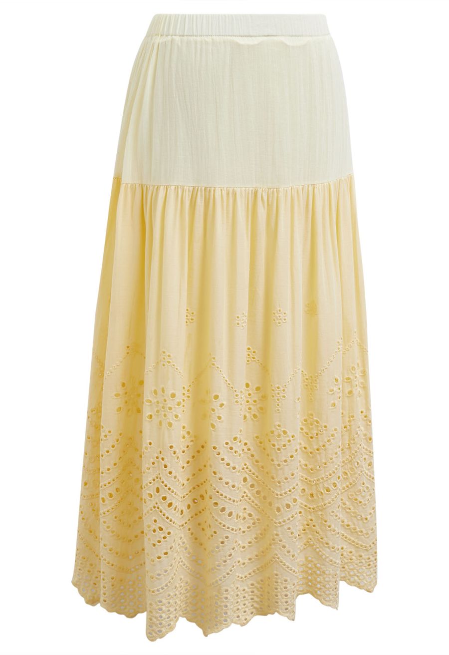 Embroidered Eyelet Elasticated Waistband Cotton Midi Skirt in Yellow