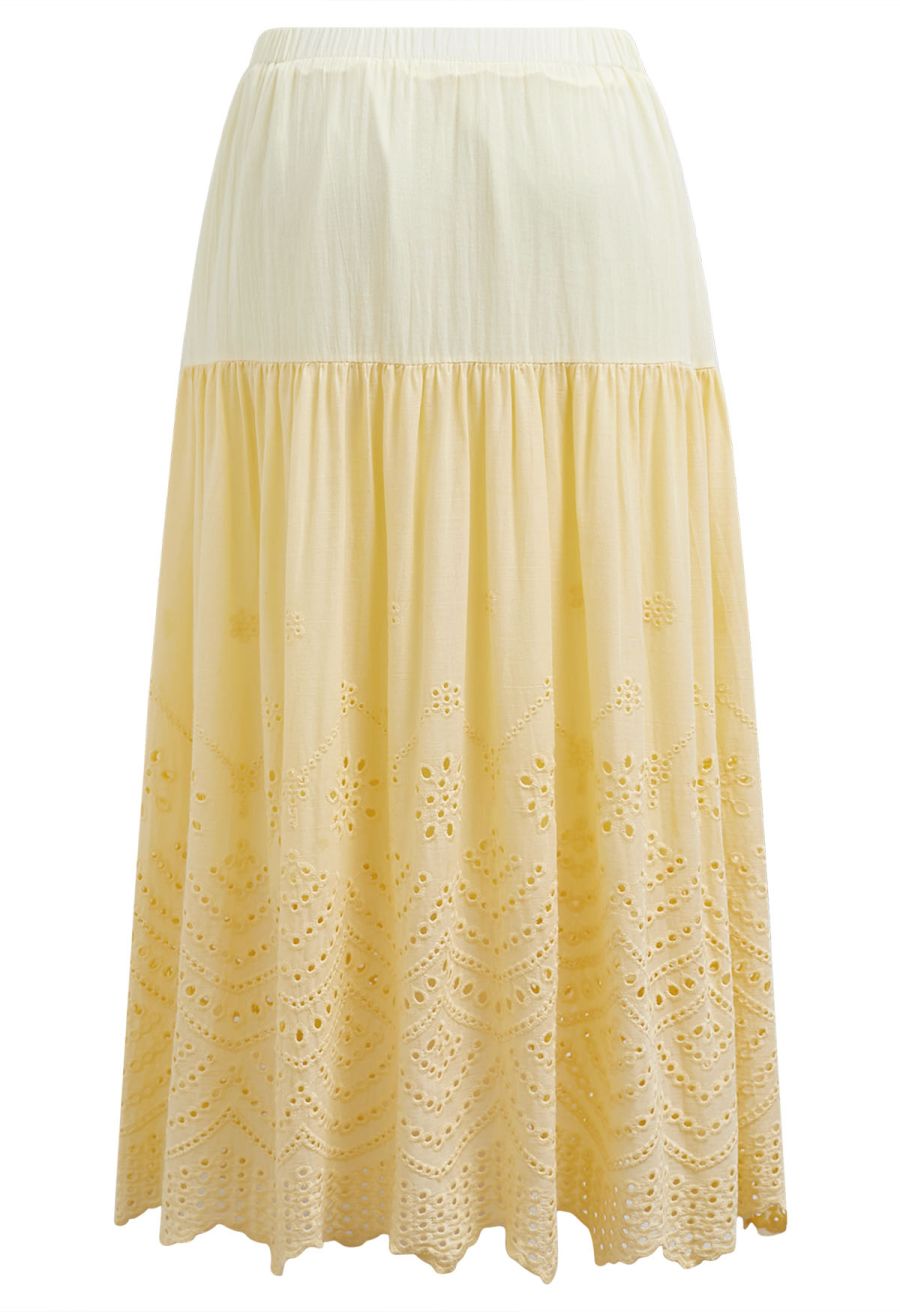 Embroidered Eyelet Elasticated Waistband Cotton Midi Skirt in Yellow