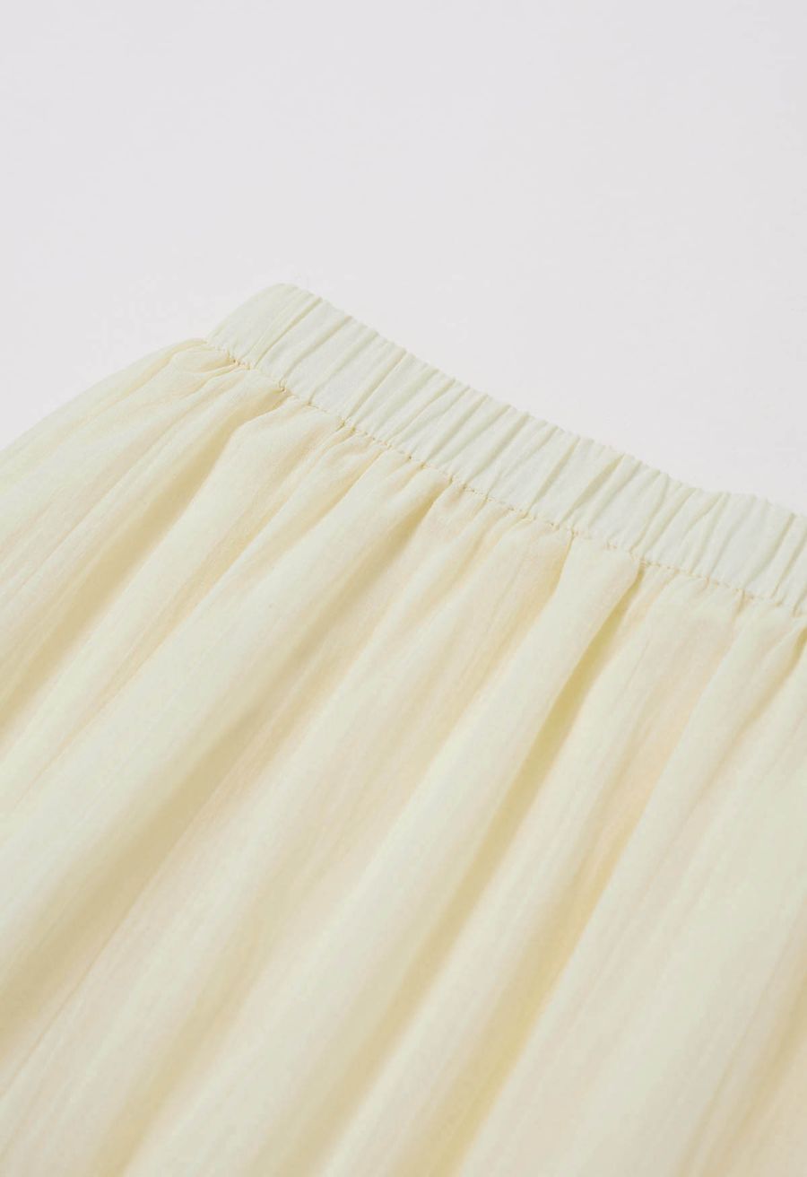 Embroidered Eyelet Elasticated Waistband Cotton Midi Skirt in Yellow
