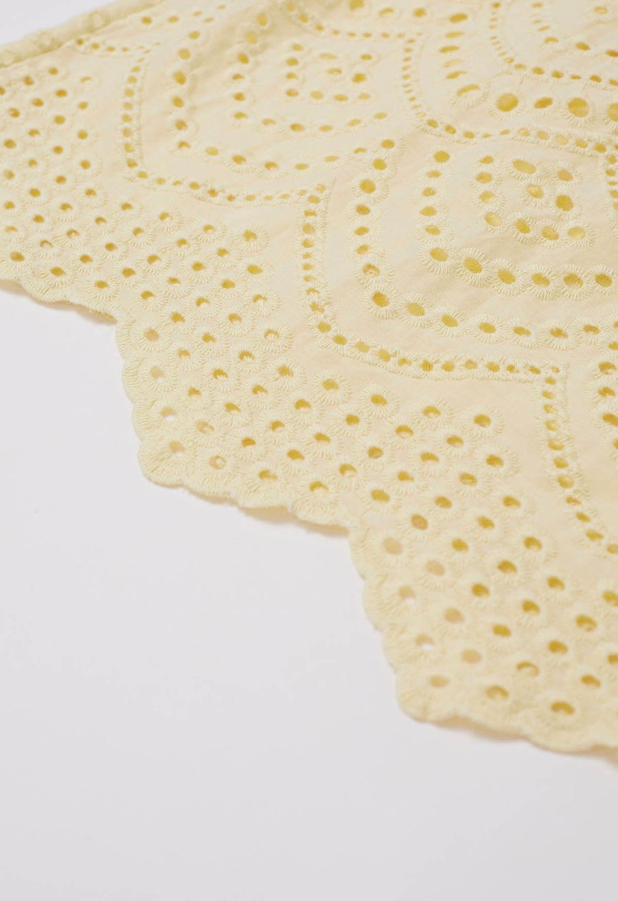 Embroidered Eyelet Elasticated Waistband Cotton Midi Skirt in Yellow