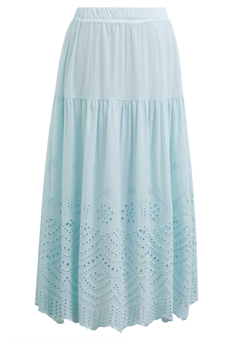 Embroidered Eyelet Elasticated Waistband Cotton Midi Skirt in Mint