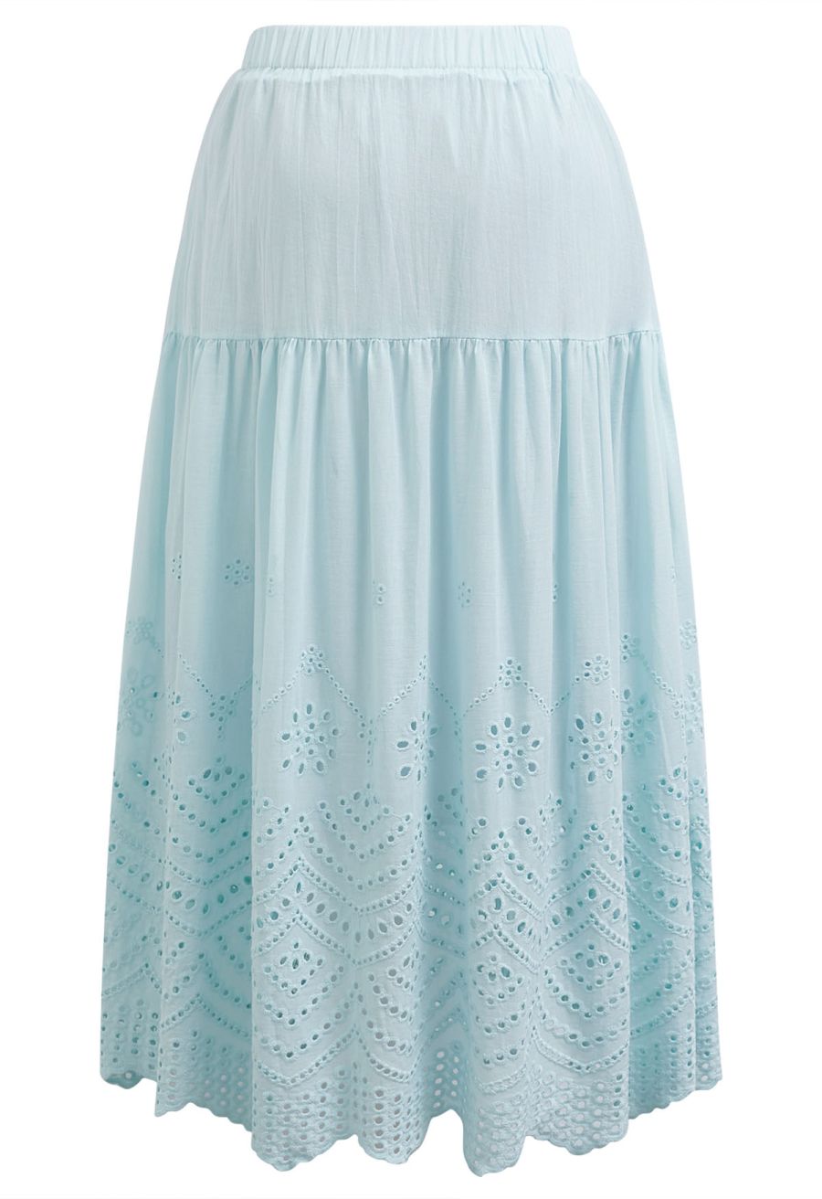 Embroidered Eyelet Elasticated Waistband Cotton Midi Skirt in Mint