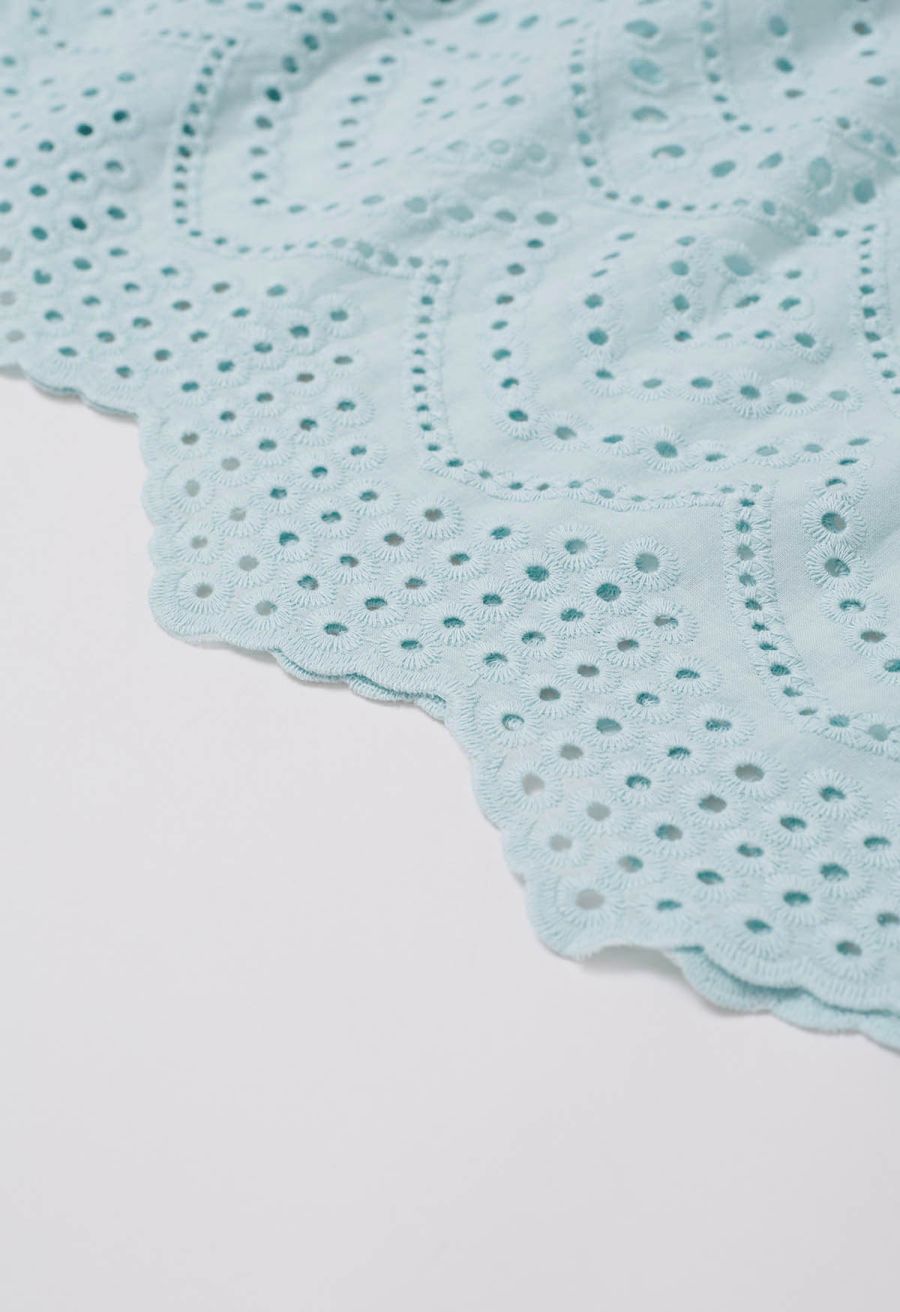 Embroidered Eyelet Elasticated Waistband Cotton Midi Skirt in Mint