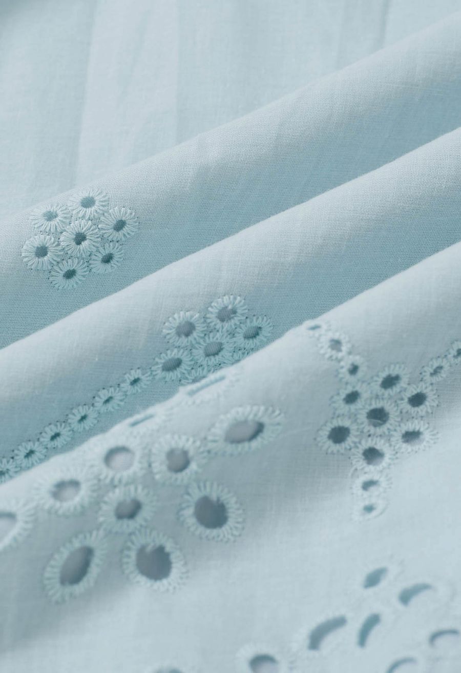 Embroidered Eyelet Elasticated Waistband Cotton Midi Skirt in Mint