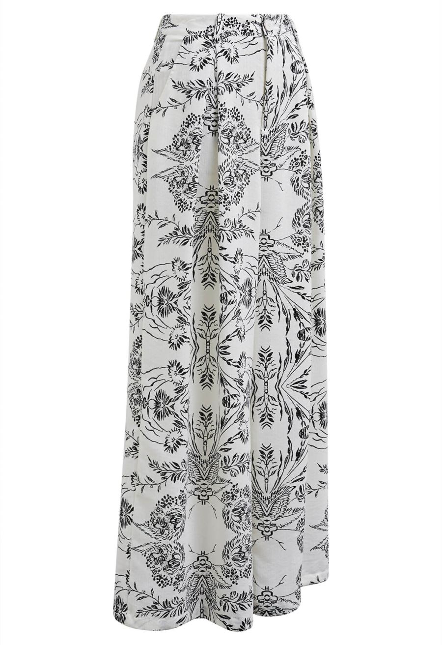 Botanical Sketch Print Wide Leg Pants