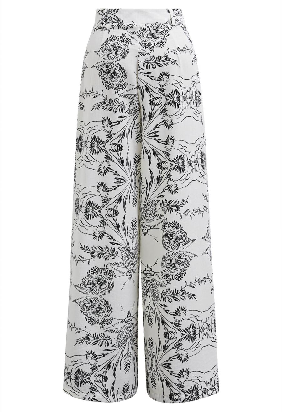 Botanical Sketch Print Wide Leg Pants