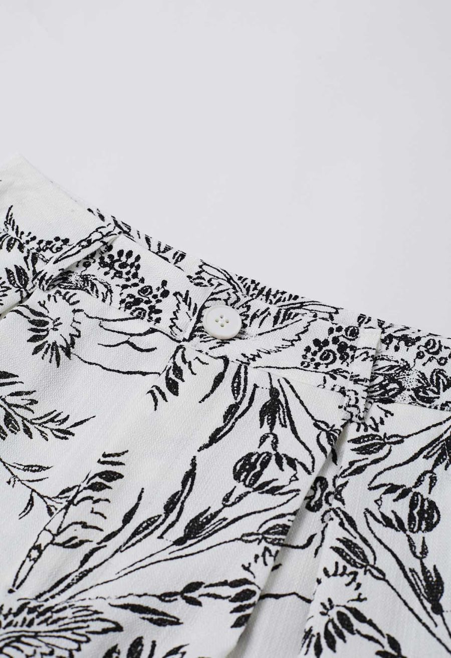 Botanical Sketch Print Wide Leg Pants