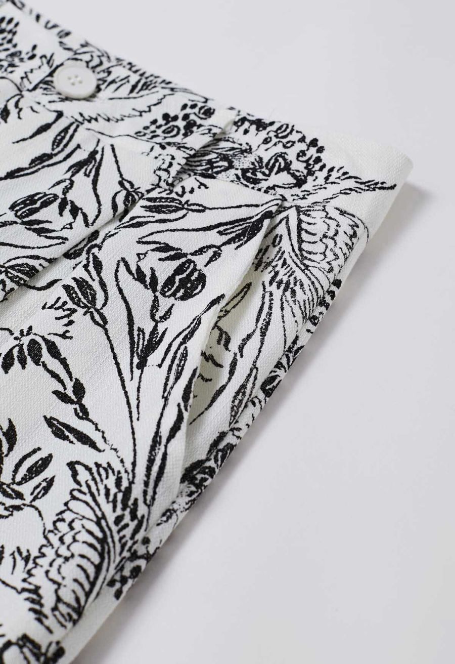 Botanical Sketch Print Wide Leg Pants