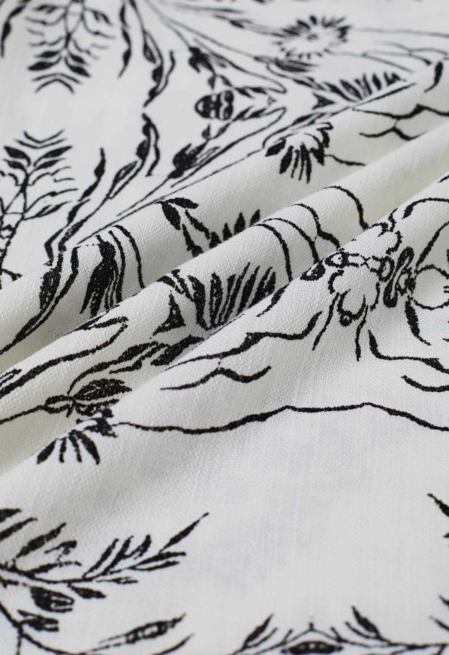Botanical Sketch Print Wide Leg Pants