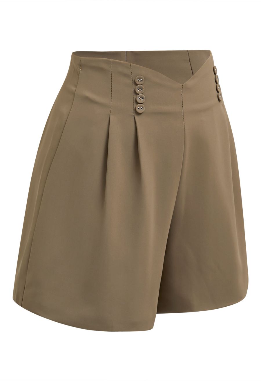 Button-Embellished Dipped Front Waist Shorts in Brown